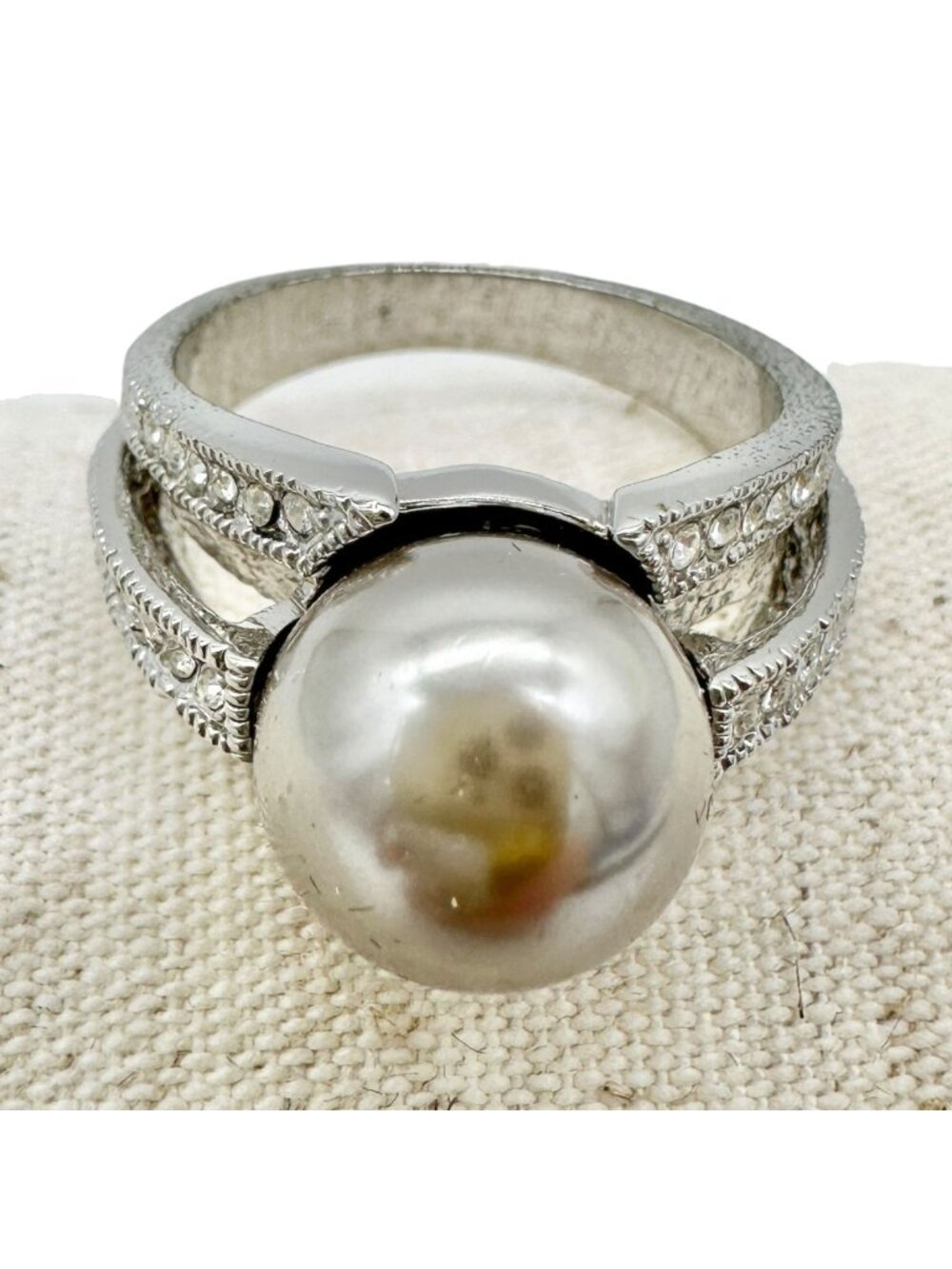 Premier Designs Silver Tone Ring Gray Faux Pearl and Rhinestone Accents Size 10